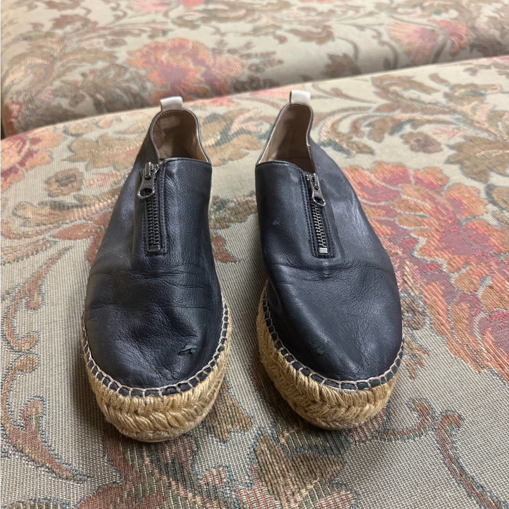 Eric Michael Black Leather Zip Espadrille Slip-Ons